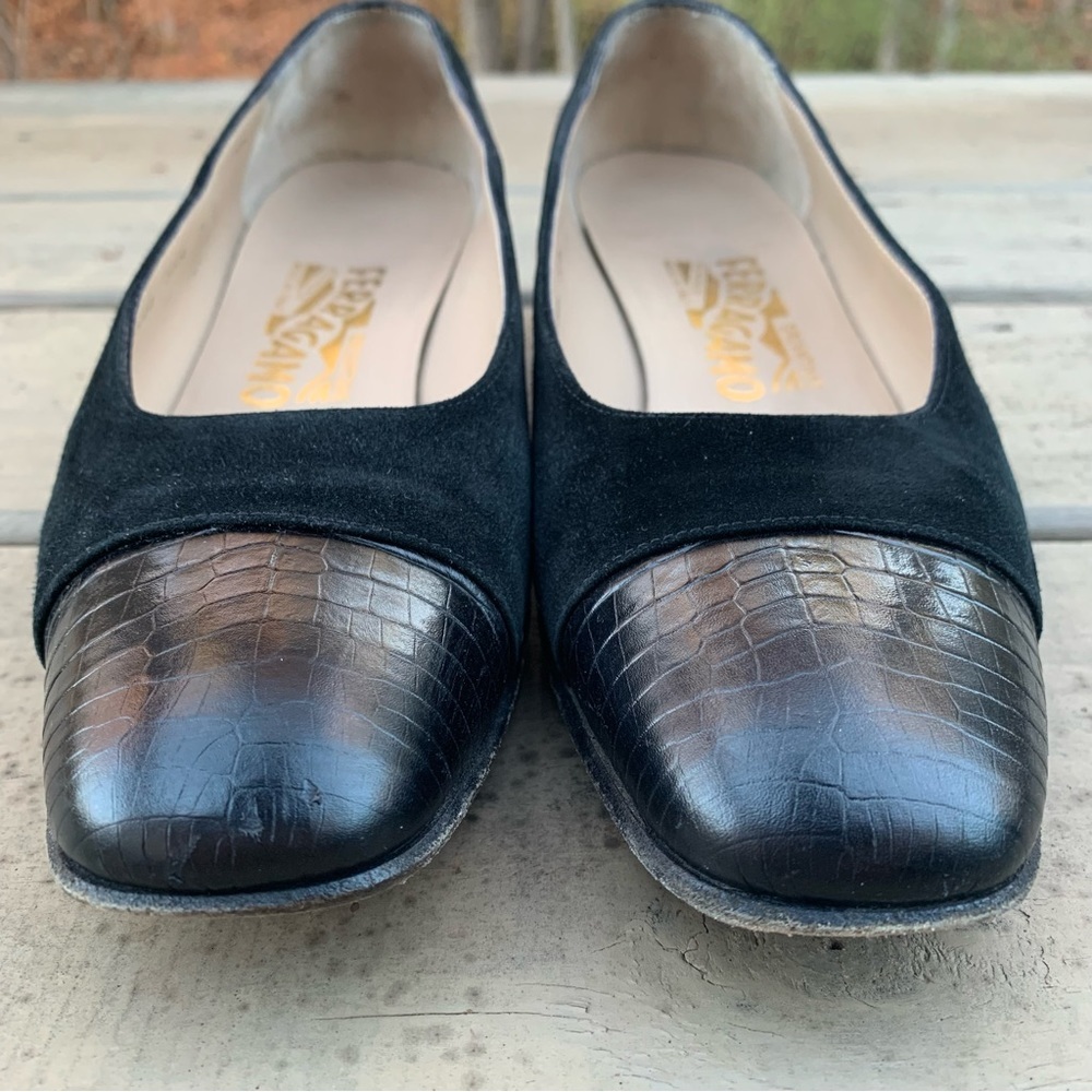 Salvatore Ferragamo black embossed leather cap toe and suede shoes size 7.5 B - Picture 5 of 15